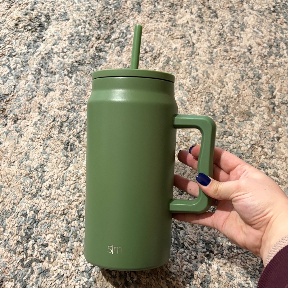 Slim Can-Style Travel Tumbler with Handle and Straw - Olive Green